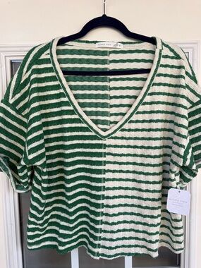 Altar'd State Green & White Striped Knit Top Deep V Neck XL Women Oversize top